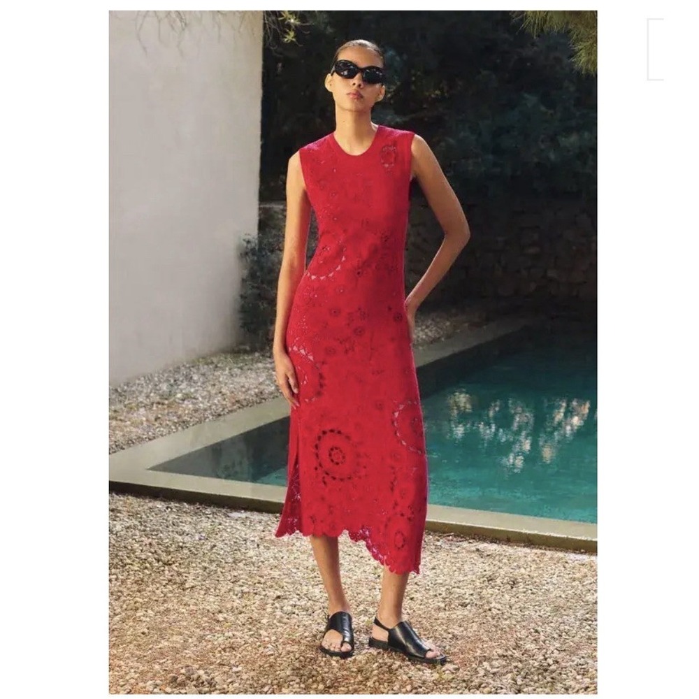Me + EM Red Asymmetric Cotton Crochet Maxi Dress with Slip US 10
